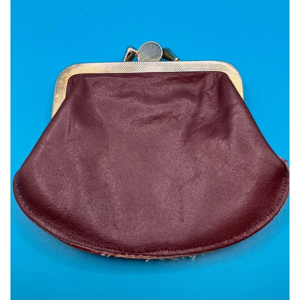 Coin Purse Women Small Brown Genuine Leather Double Kiss Lock Clasp